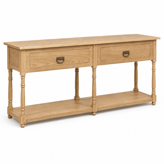Tournus console table in solid oak, three-quarter angle view