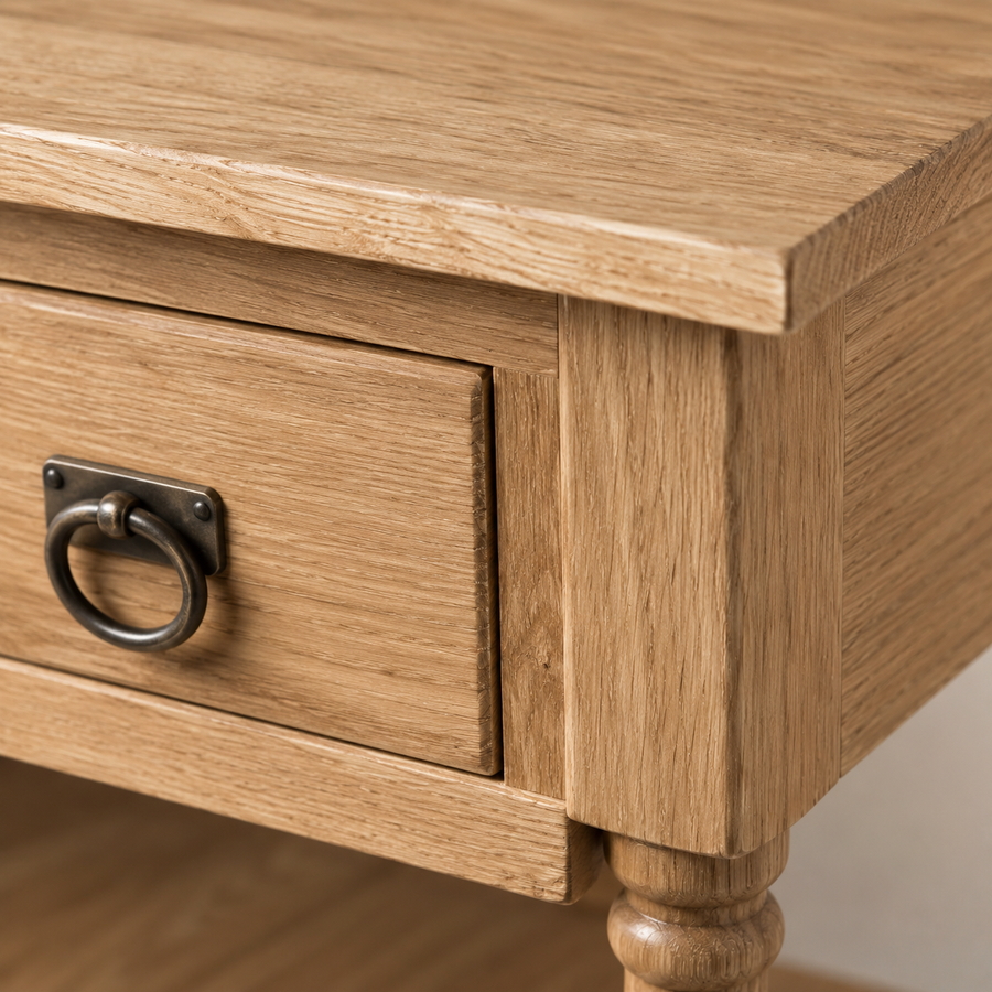 Close-up of the solid oak finish and detailing of the Tournus console table