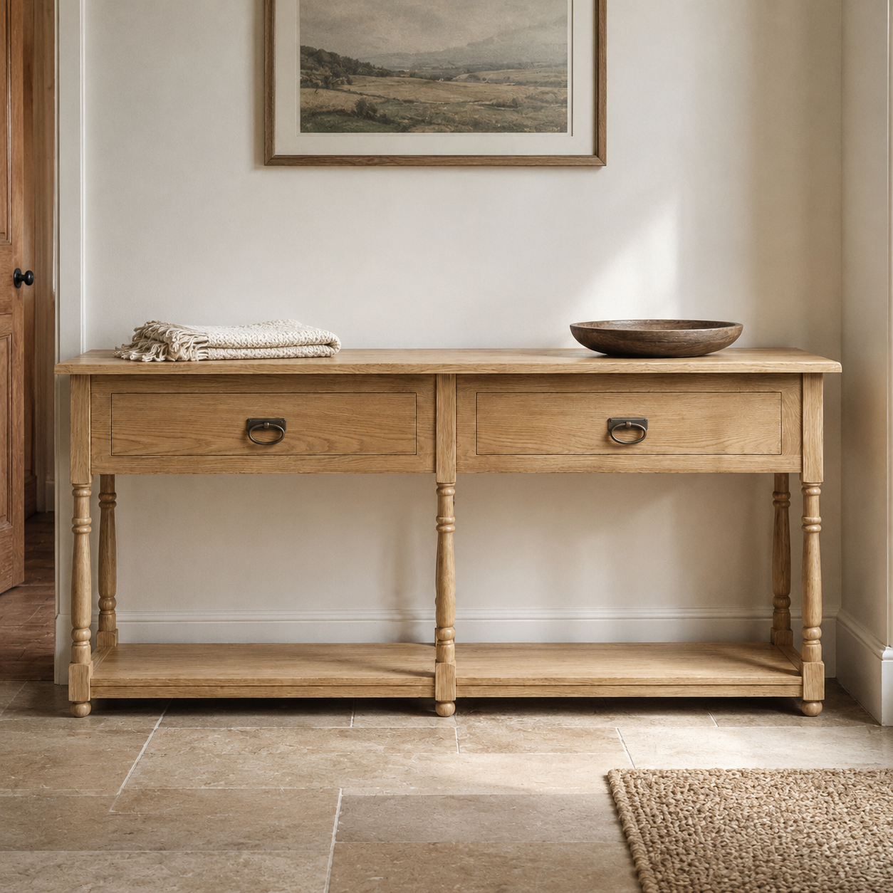 Tournus console table in solid oak styled in a hallway