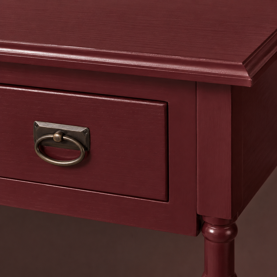 Close-up of the bordeaux finish and detailing of the Tournus console table