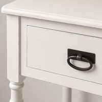 Close-up of the white finish and detailing of the Tournus console table