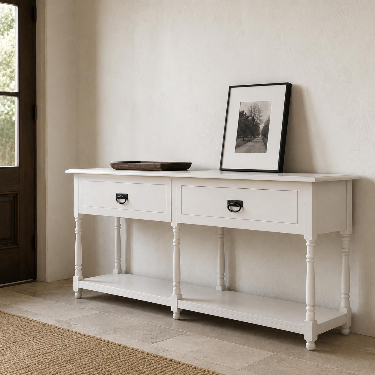 Tournus console table in white styled in an entrance hall