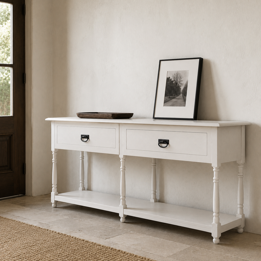 Tournus console table in white styled in an entrance hall