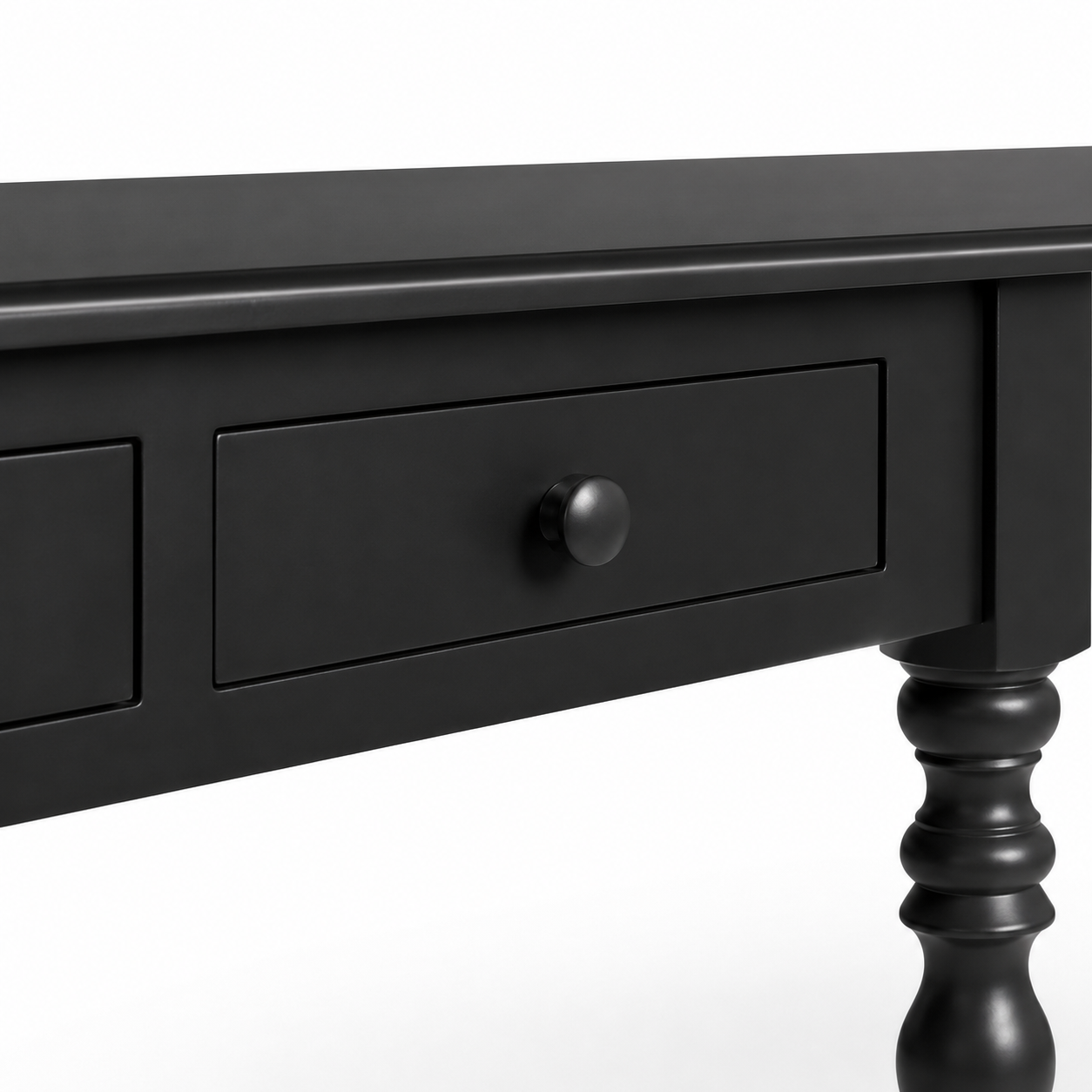Close-up of the black finish and detailing of the Auray desk