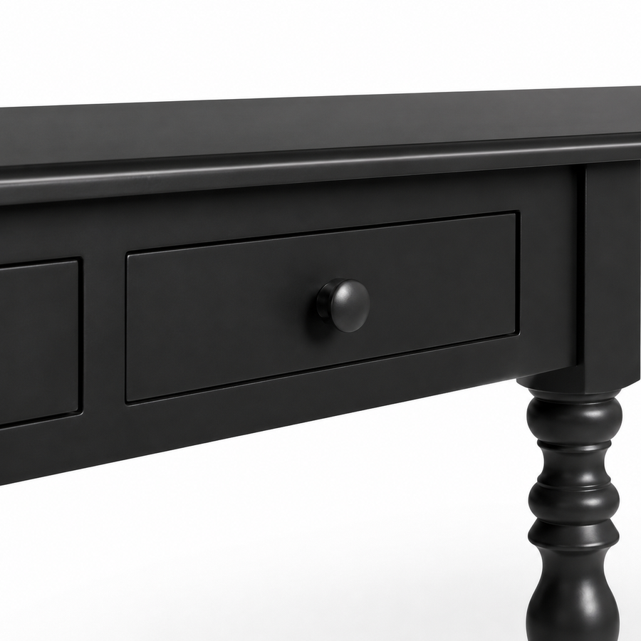 Close-up of the black finish and detailing of the Auray desk