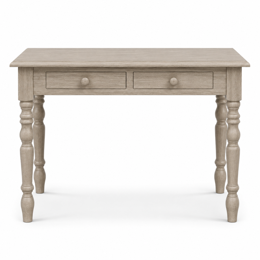 Auray desk in solid oak, front view on white background