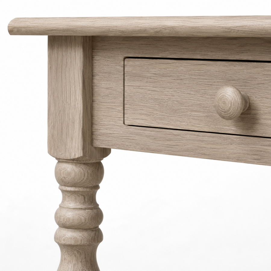 Close-up of the solid oak finish and detailing of the Auray desk