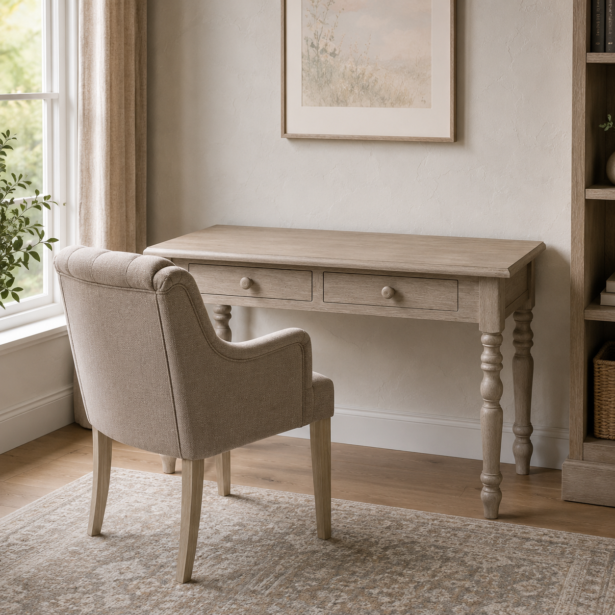 Auray desk in solid oak styled in a home office