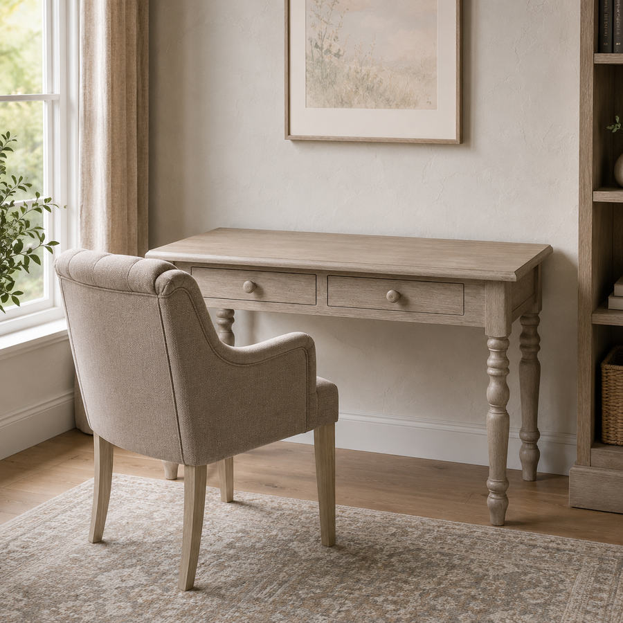Auray desk in solid oak styled in a home office