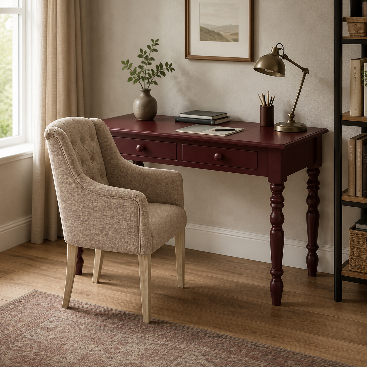 Auray desk in bordeaux styled in a home office