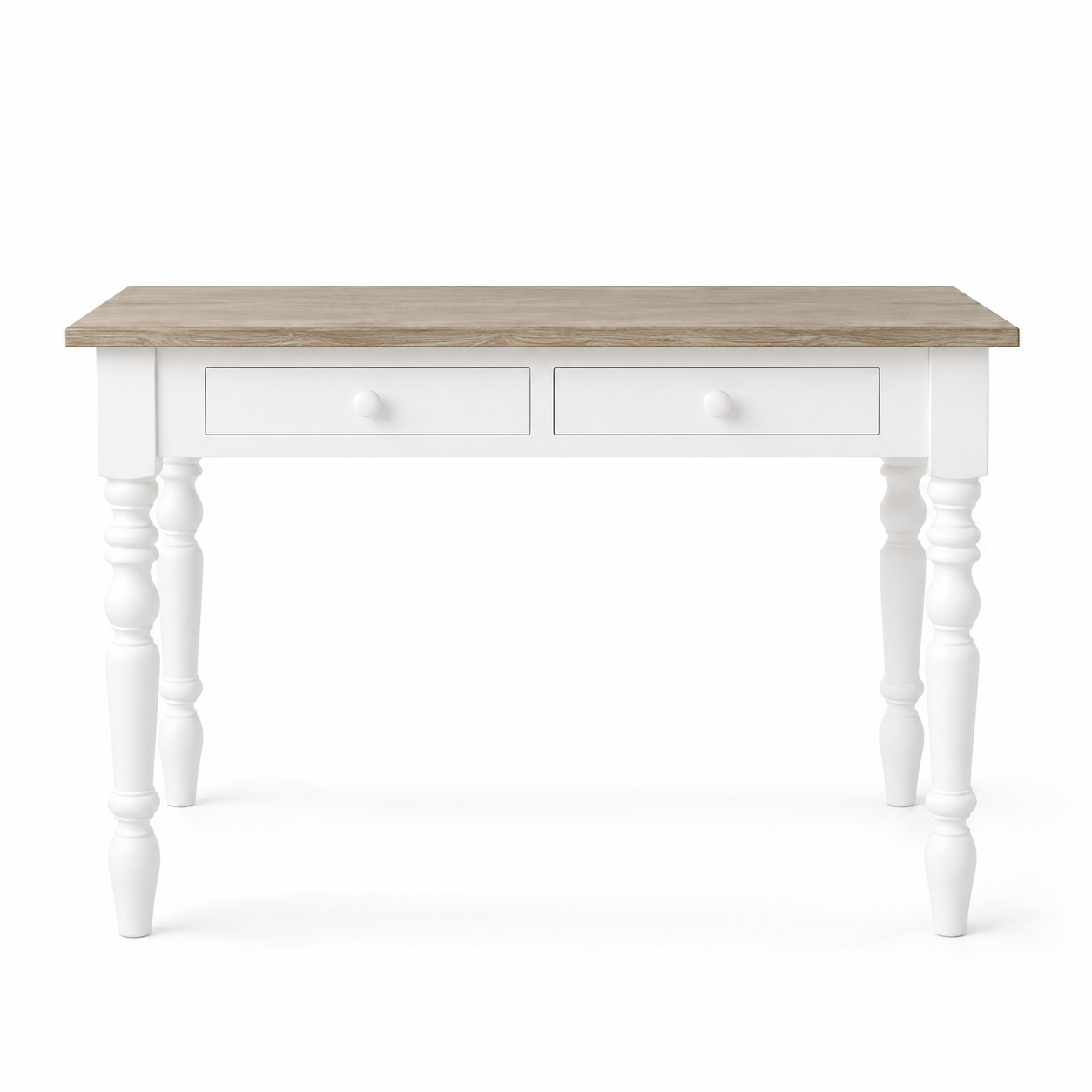 Auray desk in white with oak top, front view on white background