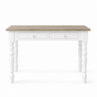 Auray desk in white with oak top, front view on white background