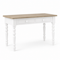 Auray desk in white with oak top, three-quarter angle view