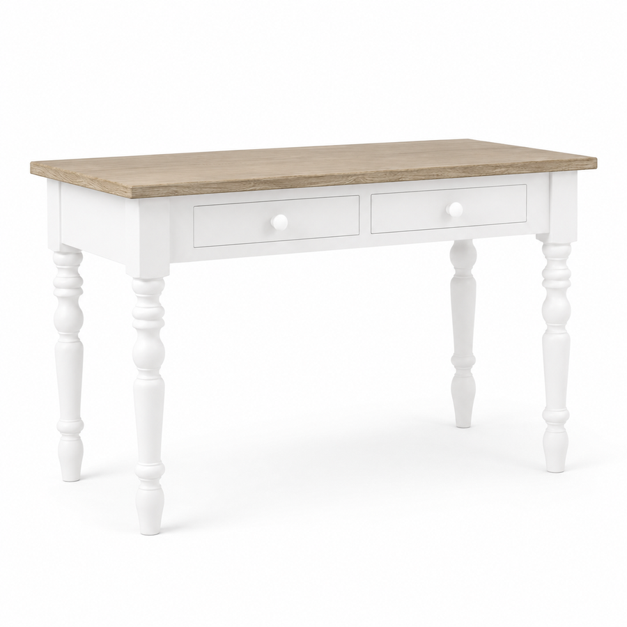 Auray desk in white with oak top, three-quarter angle view