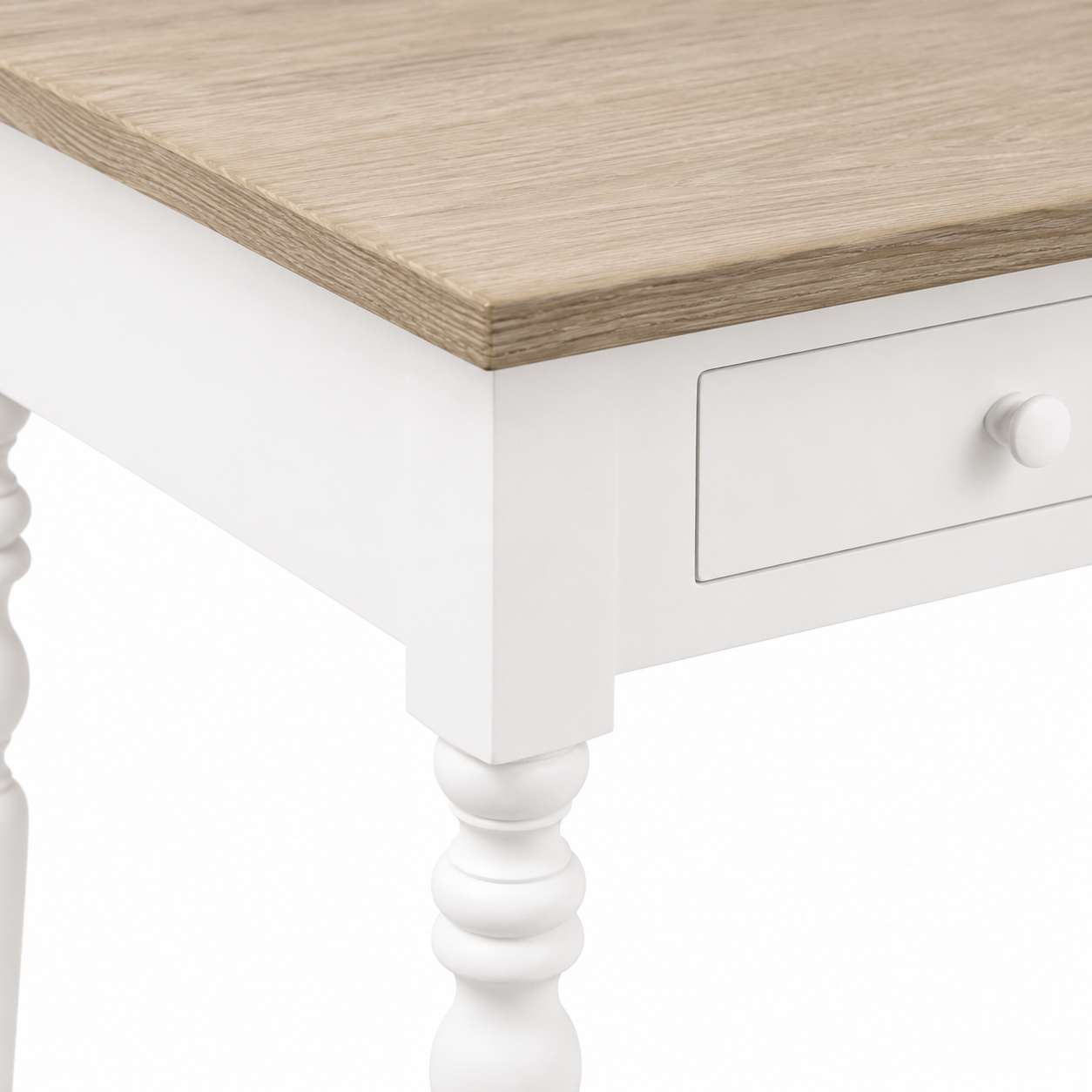 Close-up of the white paint and oak top finish and detailing of the Auray desk