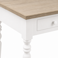 Close-up of the white paint and oak top finish and detailing of the Auray desk