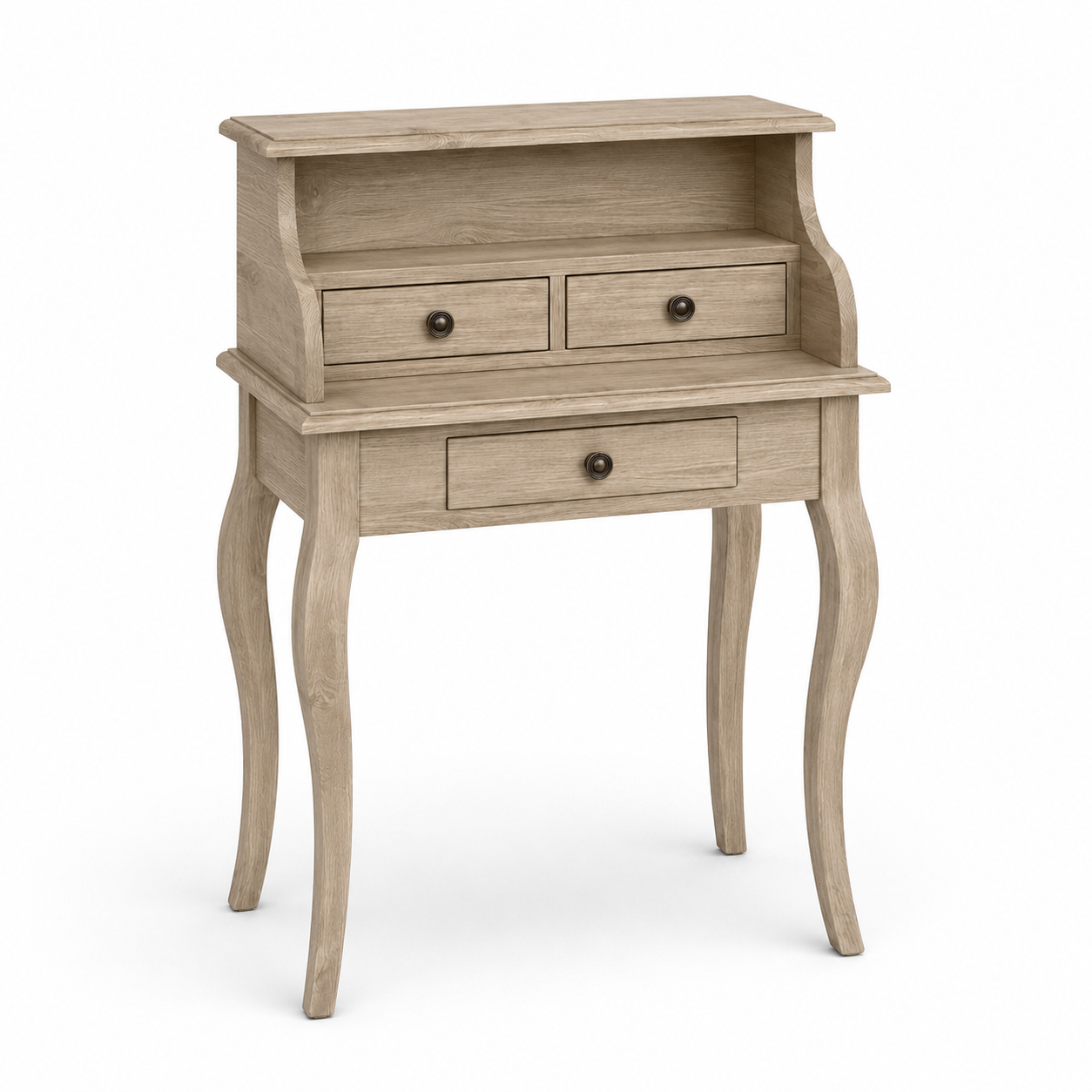 Classic solid oak Cheverny desk, three-quarter view showing curved legs and slim proportions