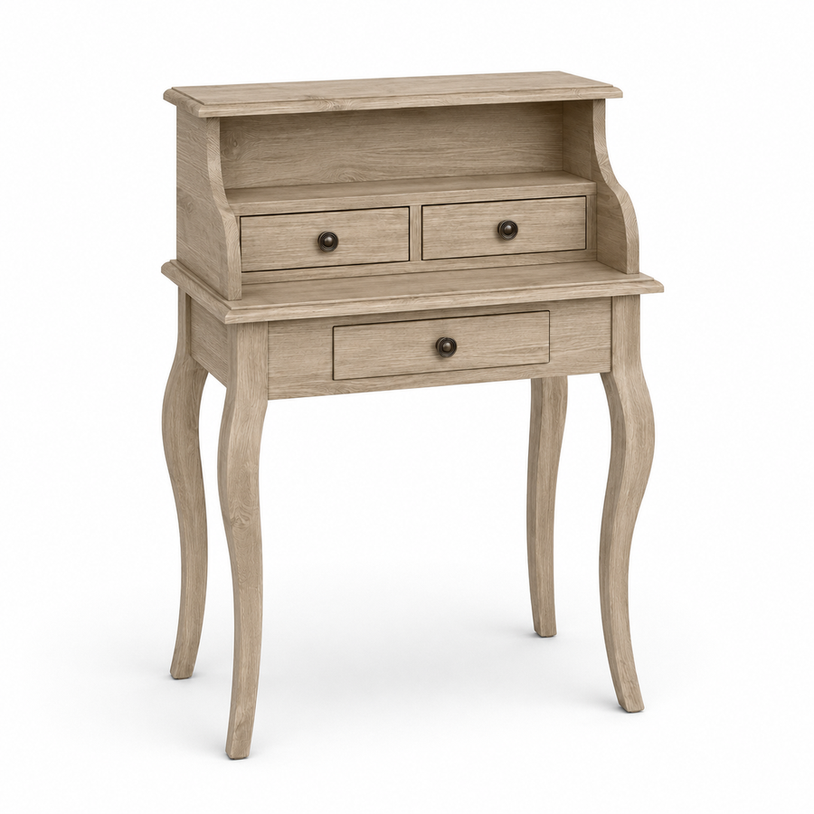 Classic solid oak Cheverny desk, three-quarter view showing curved legs and slim proportions