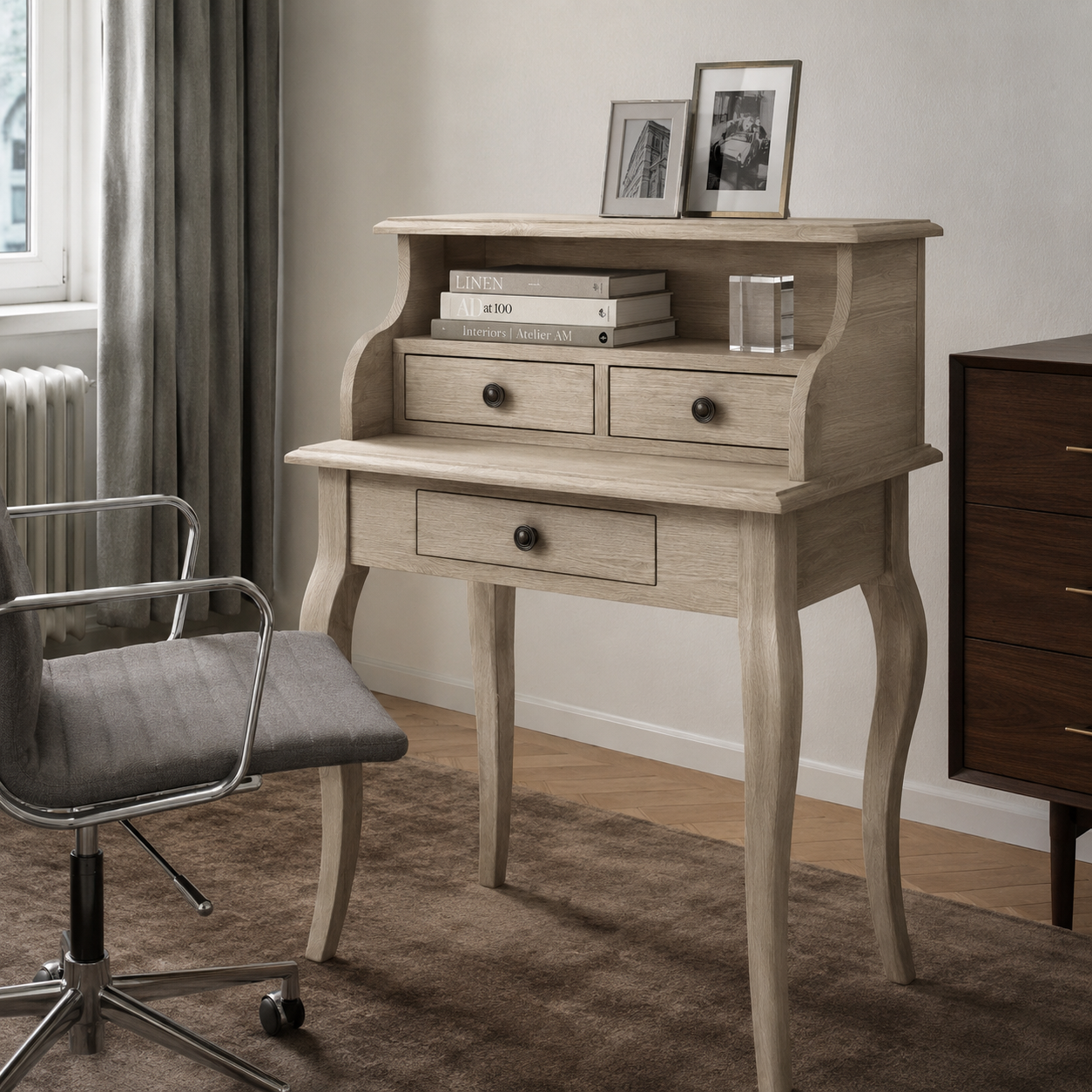 Classic solid oak Cheverny desk styled in a home office, 65 cm wide