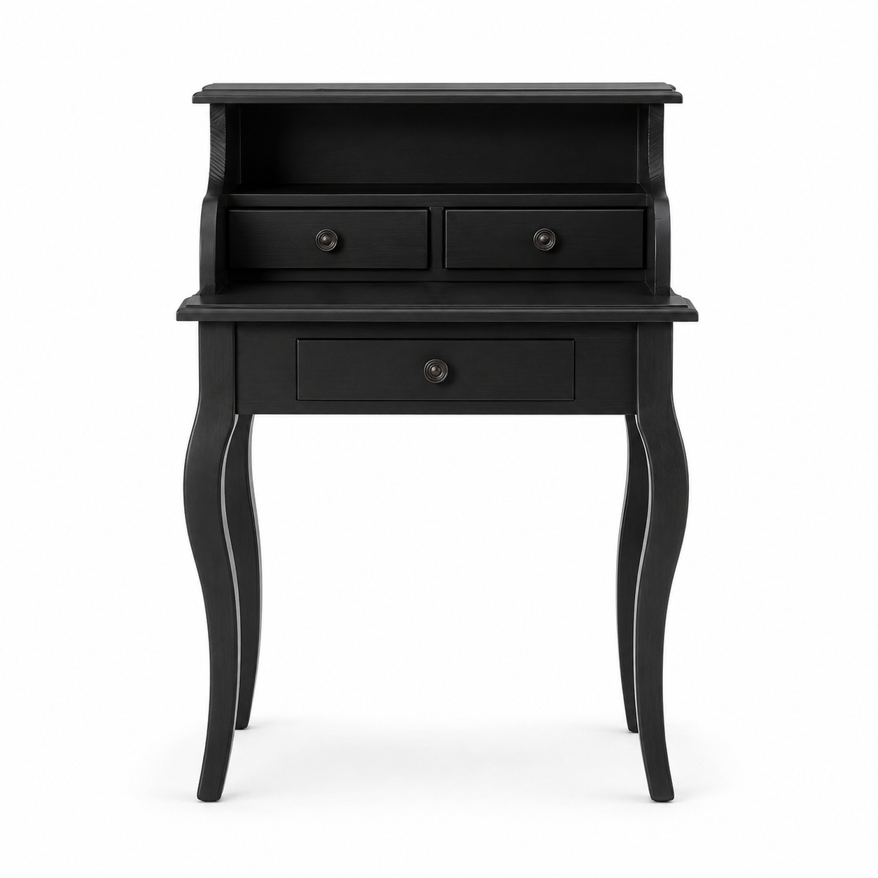 Classic black solid pine Cheverny desk with curved legs and drawers, 65 cm wide, front view