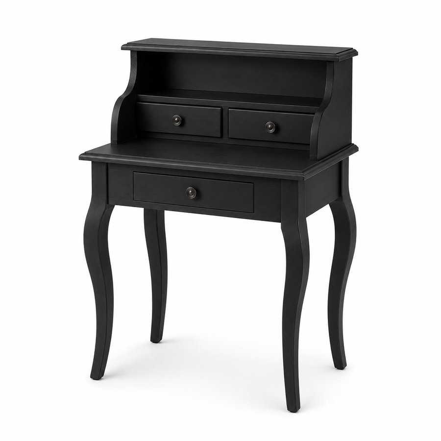 Classic black Cheverny desk, three-quarter view showing curved legs and raised upper drawers