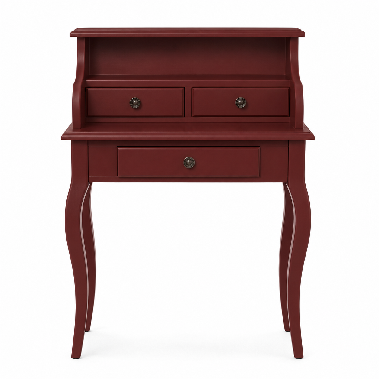 Classic bordeaux solid pine Cheverny writing desk with curved legs, 65 cm wide, front view
