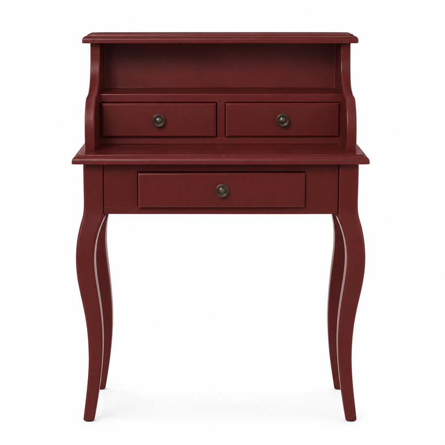 Classic bordeaux solid pine Cheverny writing desk with curved legs, 65 cm wide, front view