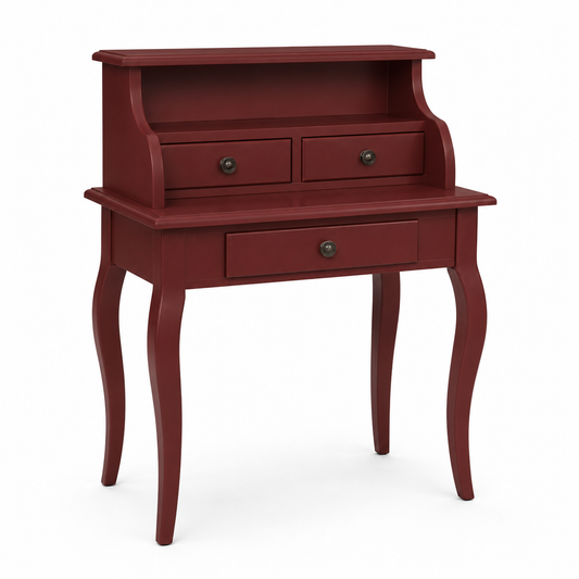 Classic bordeaux Cheverny writing desk, three-quarter view showing raised drawers and curved legs