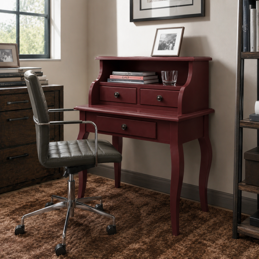 Classic bordeaux Cheverny writing desk styled in a home office, 65 cm wide