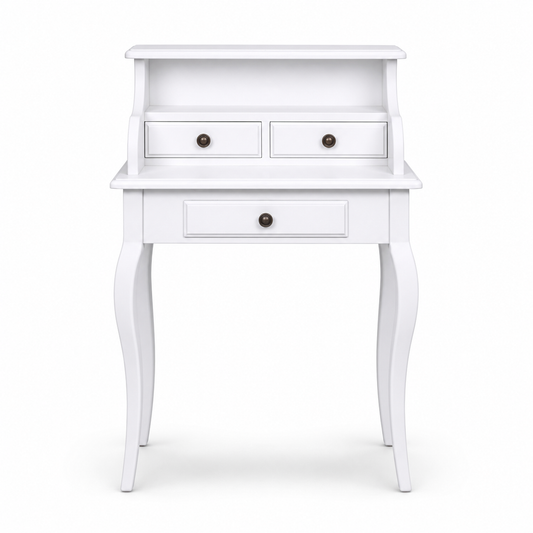 Classic white pine Cheverny desk with brass knobs and curved legs, 65 cm wide, front view