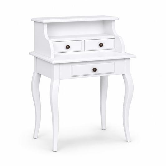 Classic white Cheverny desk, three-quarter view showing curved legs and raised drawer section