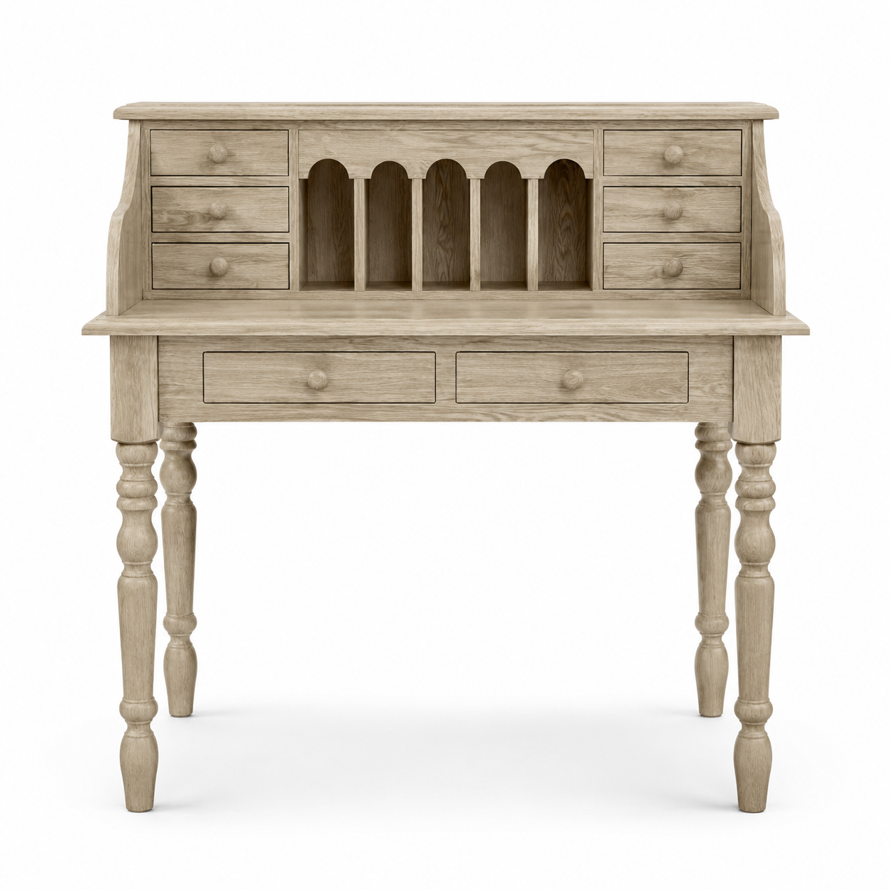 Dinan desk in oak, front view on white background