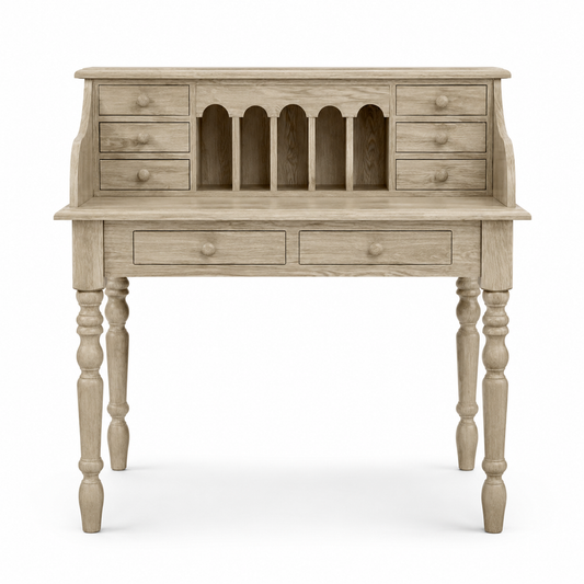 Dinan desk in oak, front view on white background