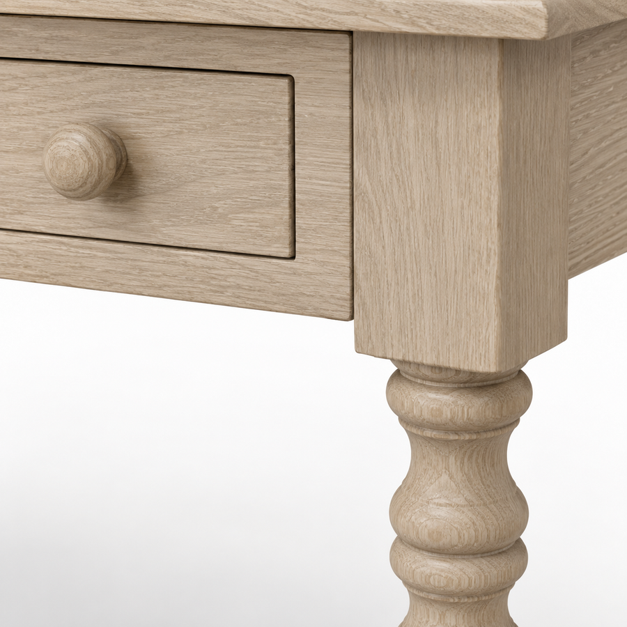 Close-up of the oak finish and detailing of the Dinan desk