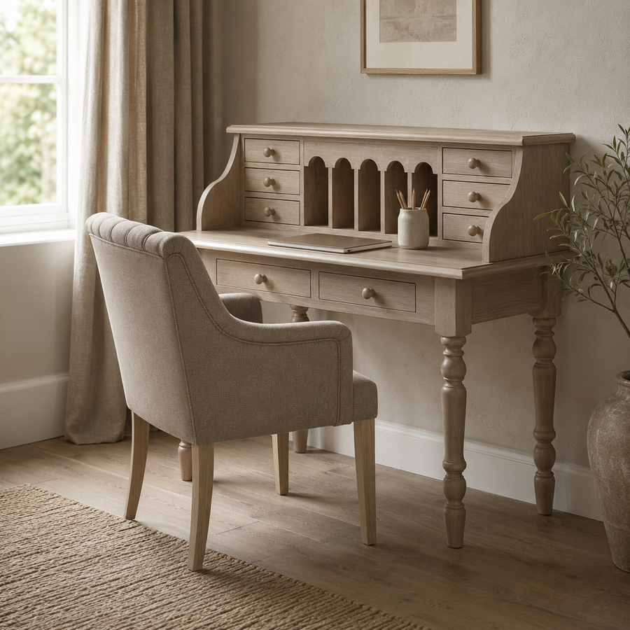 Dinan desk in oak styled in a home office