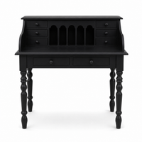 Classic black solid pine Dinan writing desk with turned legs, 109 cm wide, front view