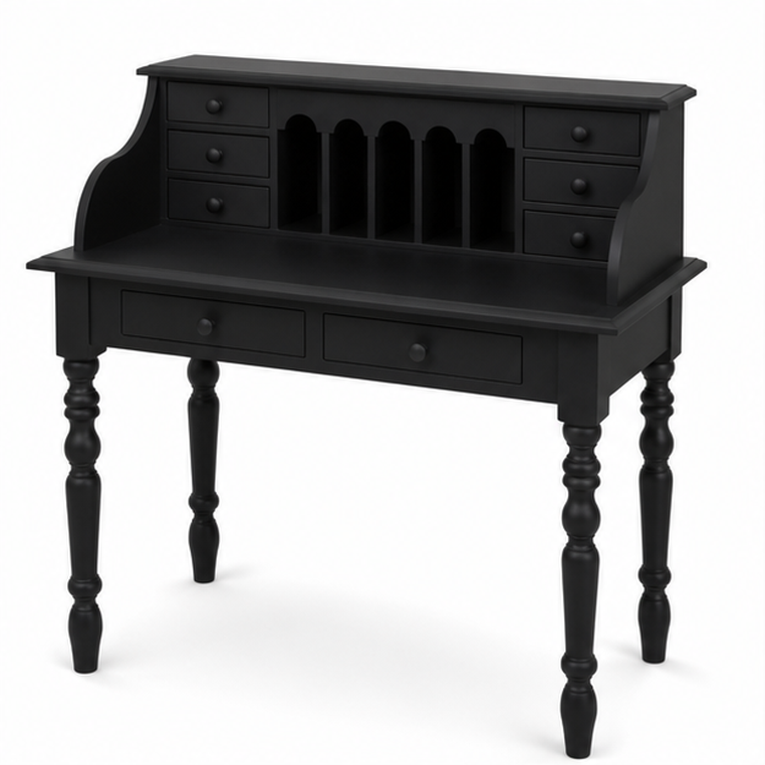 Classic black Dinan writing desk, three-quarter view showing pigeonholes and turned legs