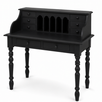 Classic black Dinan writing desk, three-quarter view showing pigeonholes and turned legs