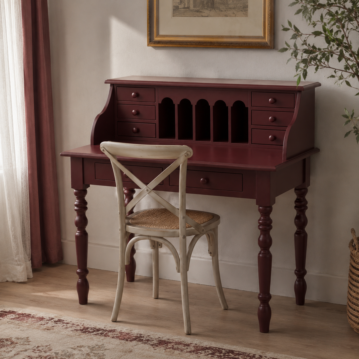 Dinan desk in bordeaux styled in a home office