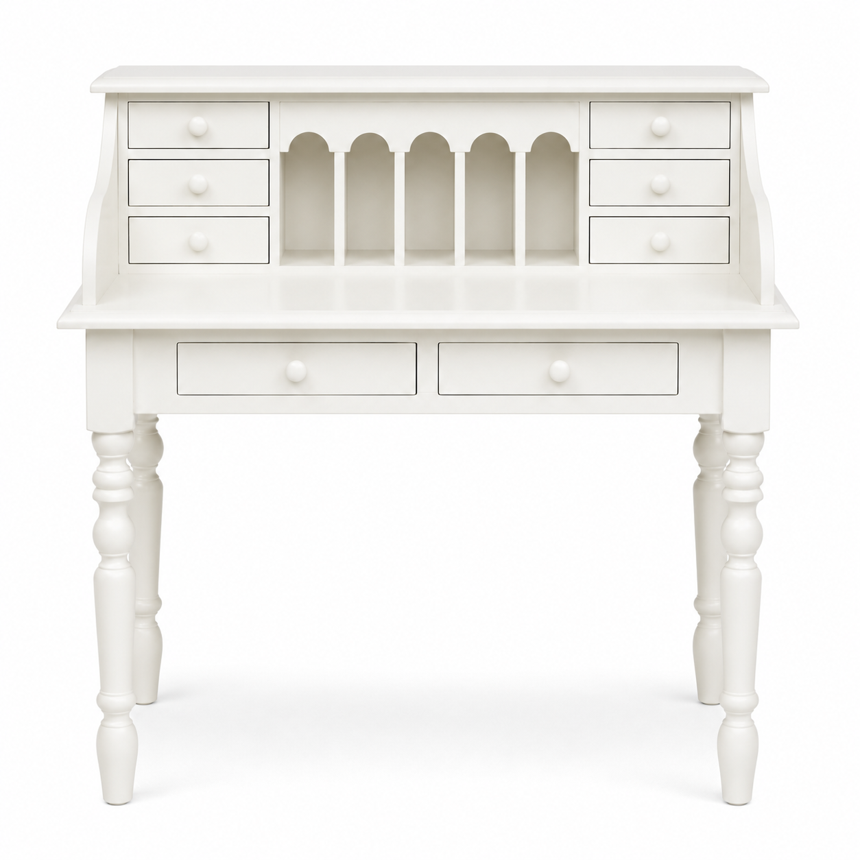 Classic white solid pine Dinan desk with raised upper section, 109 cm wide, front view