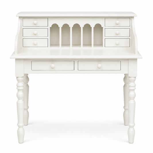 Classic white solid pine Dinan desk with raised upper section, 109 cm wide, front view