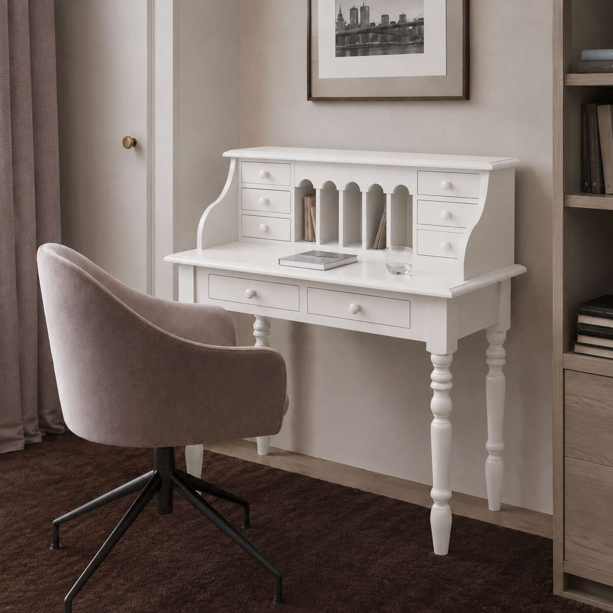Classic white Dinan desk styled in a home office, 109 cm wide