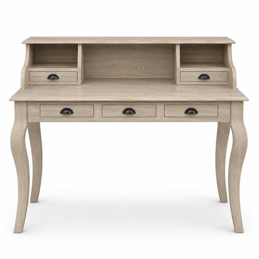 Classic solid oak Vendome desk with five drawers and curved legs, 130 cm wide, front view