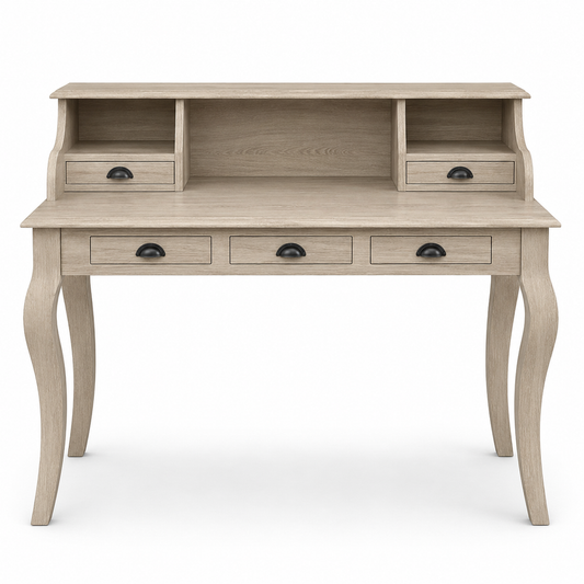 Classic solid oak Vendome desk with five drawers and curved legs, 130 cm wide, front view