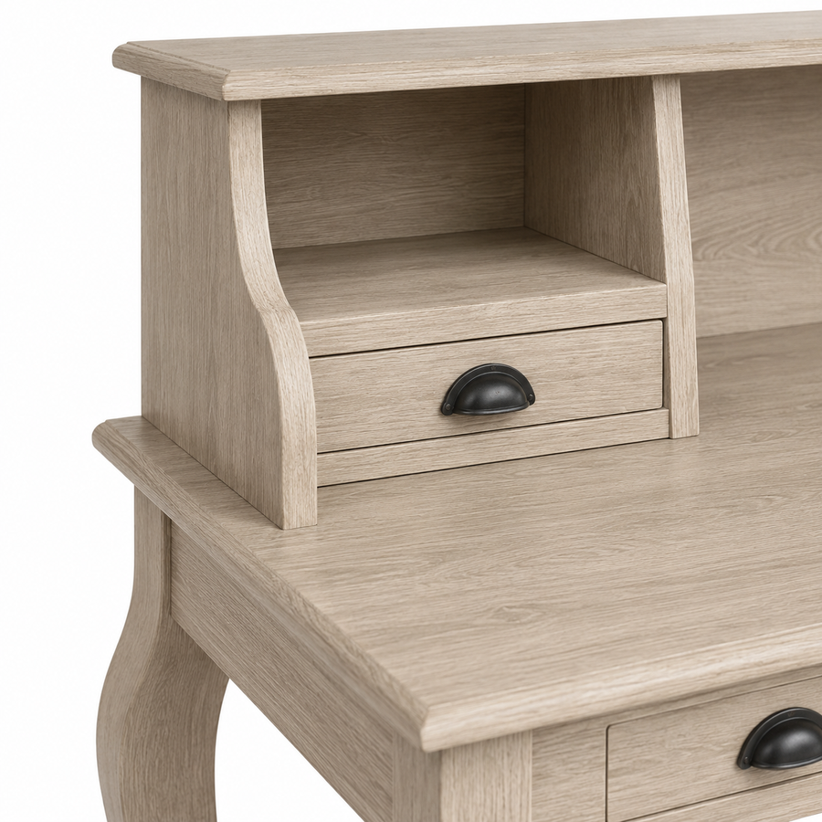 Close-up of the cup handle and natural oiled oak grain on the classic Vendome desk
