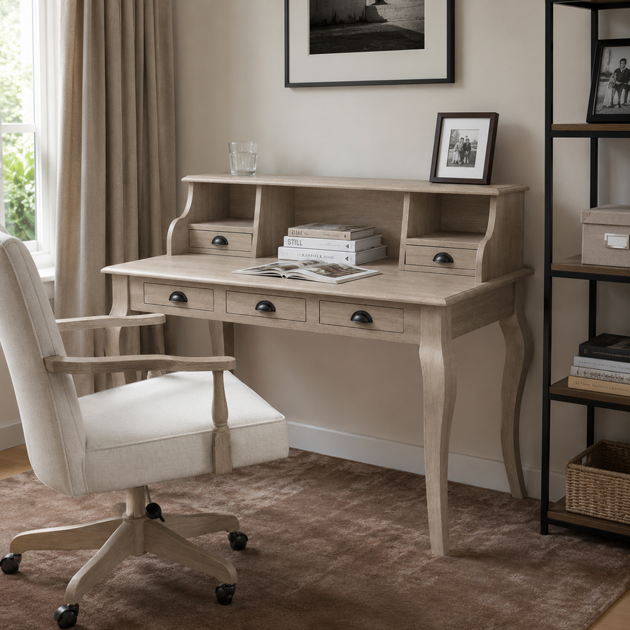 Classic solid oak Vendome desk styled in a home office, 130 cm wide