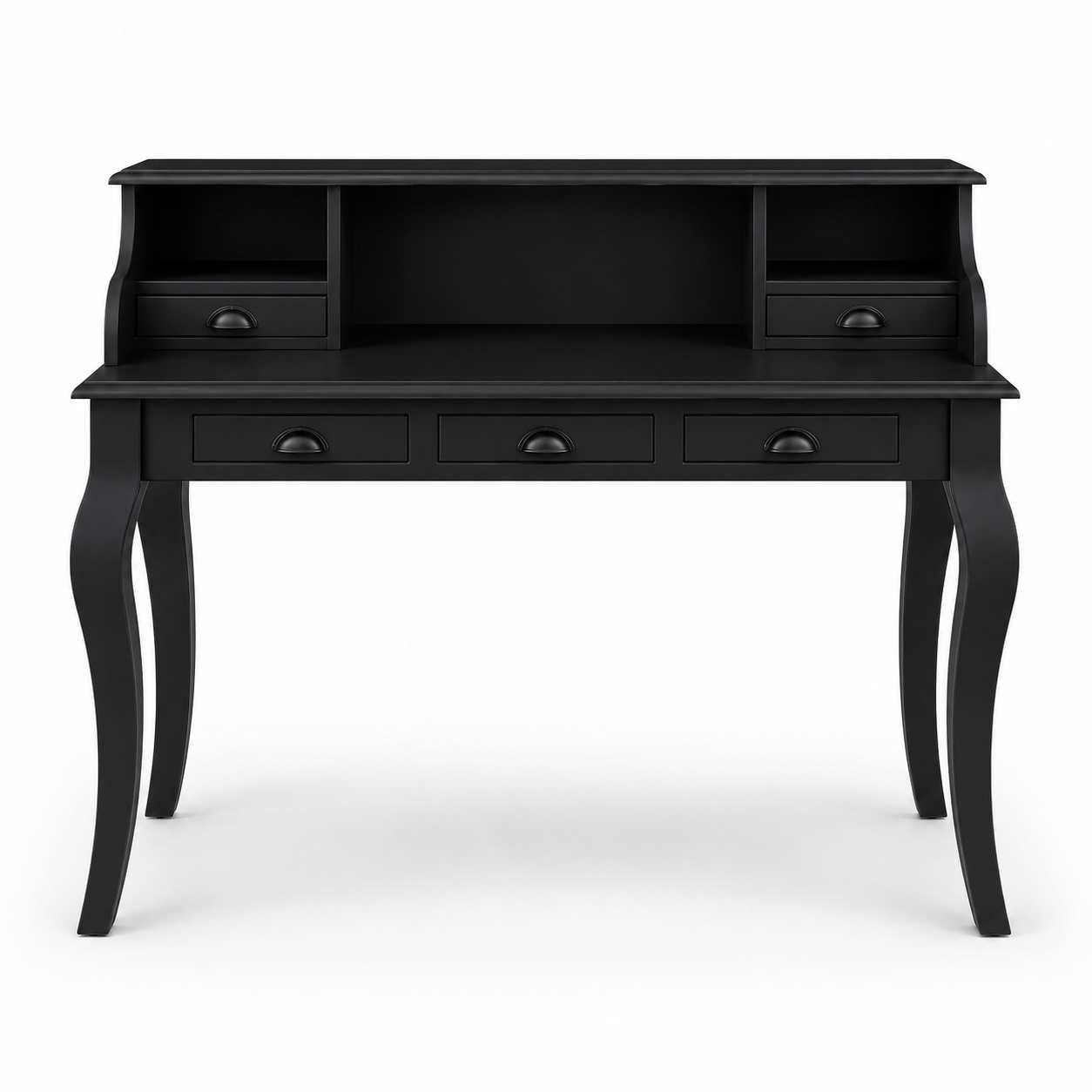Classic black solid pine Vendome desk with cup handles and curved legs, 130 cm wide, front view