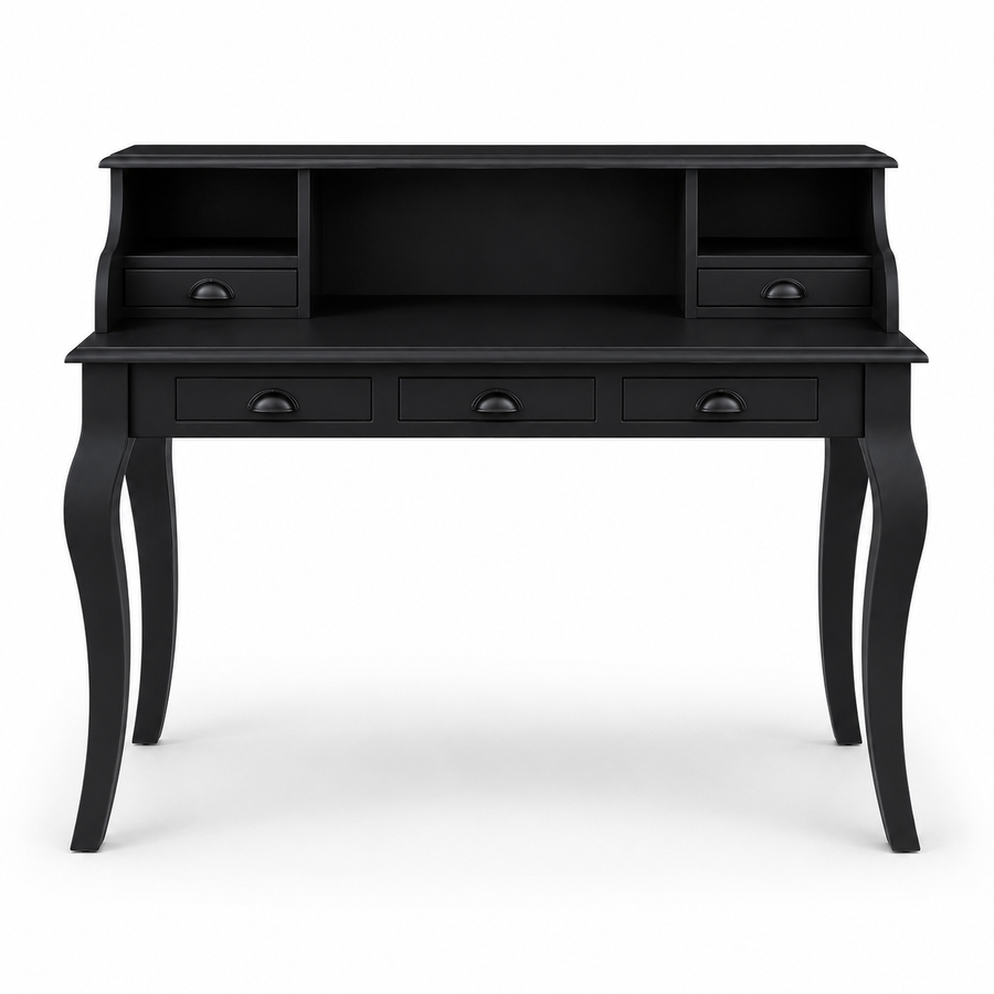 Classic black solid pine Vendome desk with cup handles and curved legs, 130 cm wide, front view