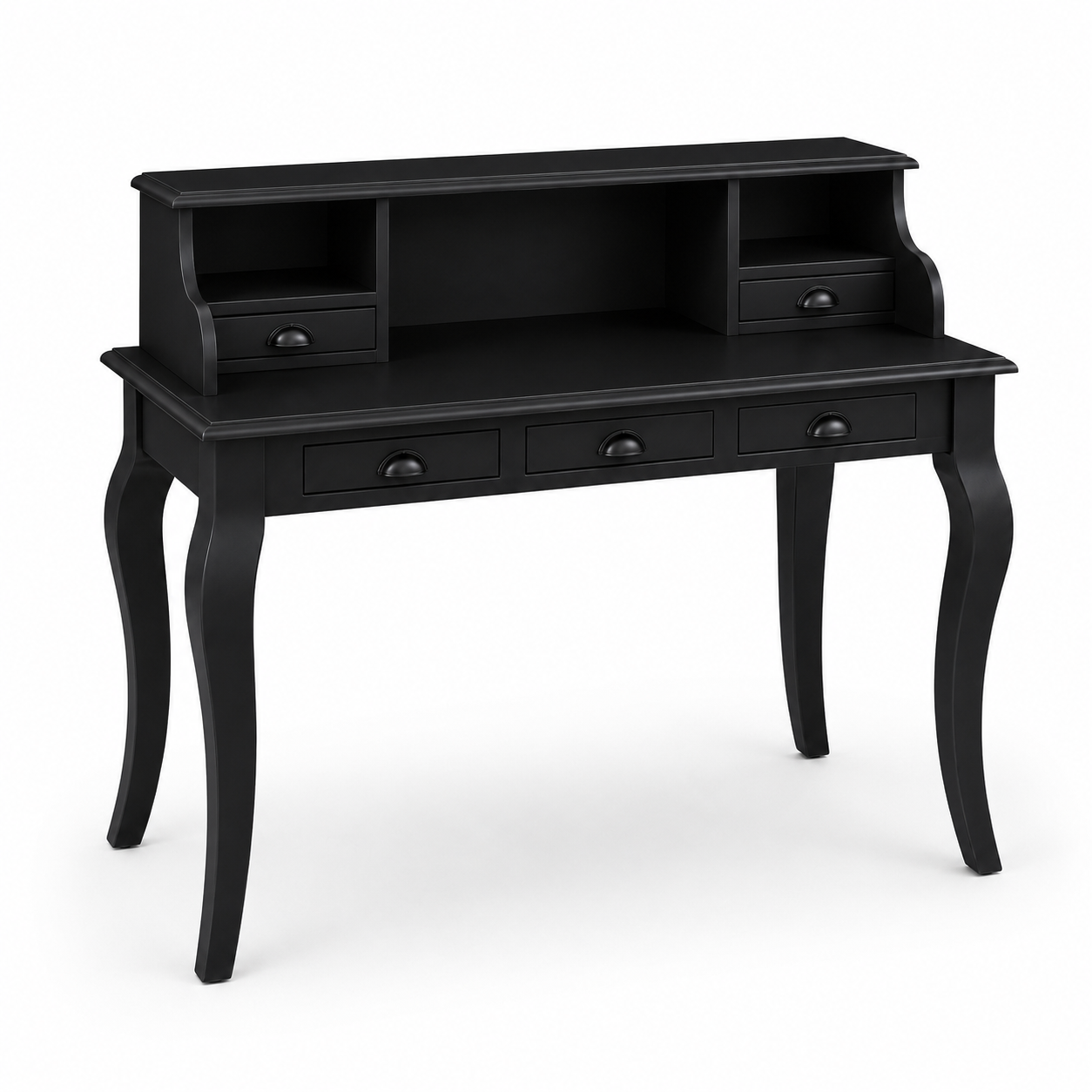 Classic black Vendome desk, three-quarter view showing five drawers and curved cabriole legs