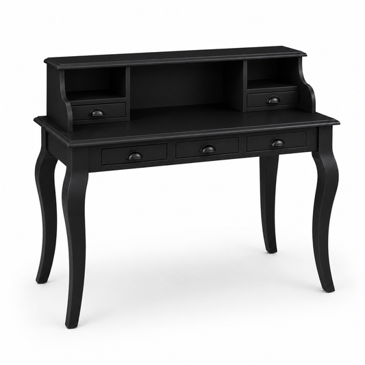 Classic black Vendome desk, three-quarter view showing five drawers and curved cabriole legs